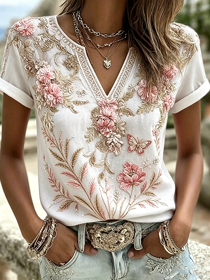 Women's floral print casual cotton and linen short sleeved shirt