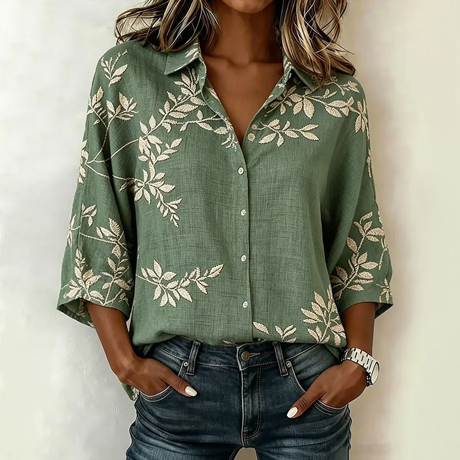 Women's Casual Collared Printed Three-Quarter Sleeve Shirt