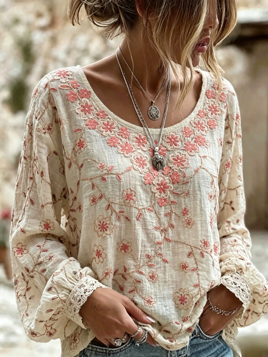 Women's Retro Floral Art Print Long Sleeve T-shirt