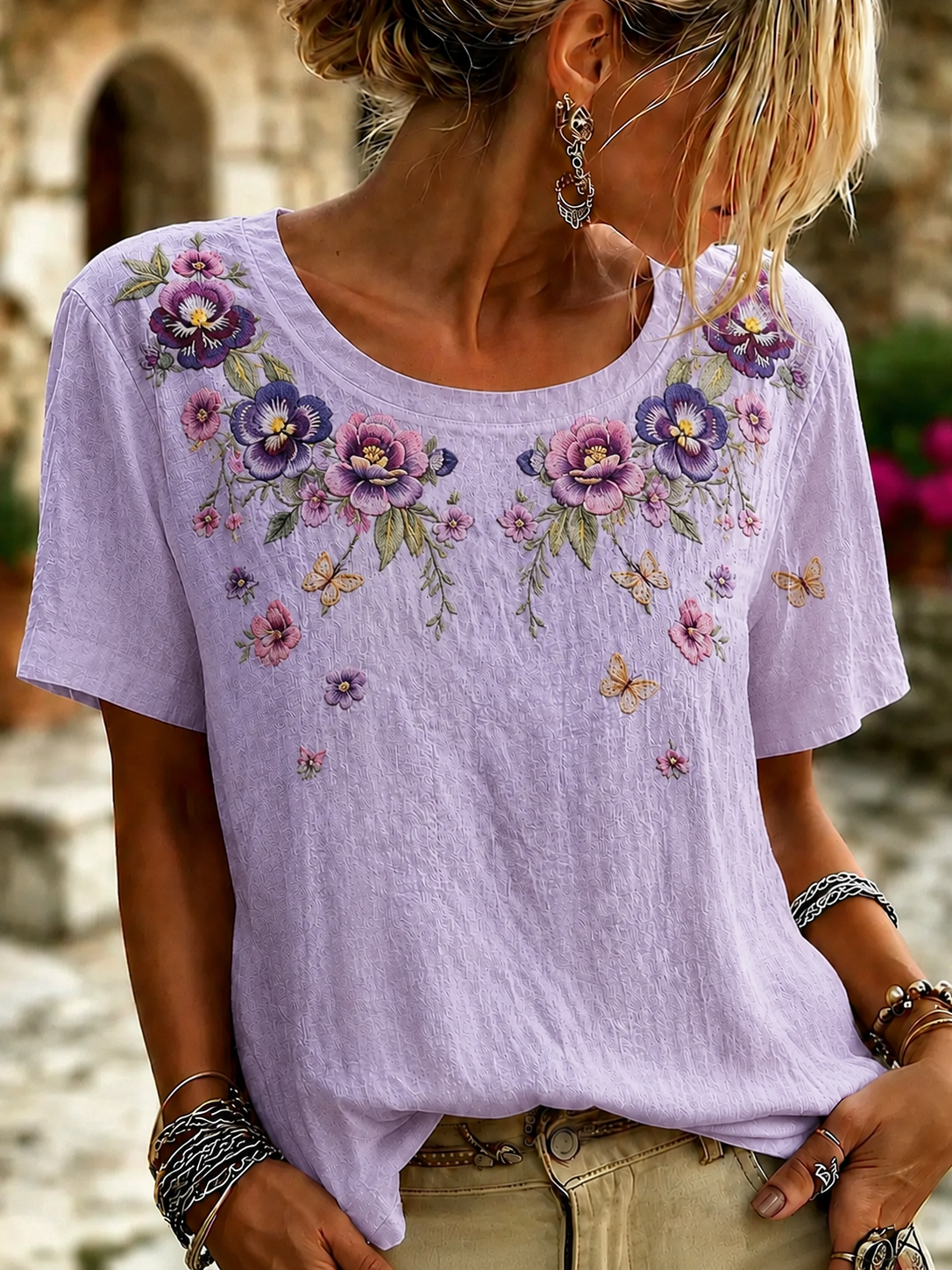 Women'S Purple Floral Printed T-Shirt