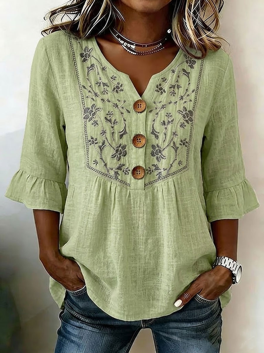 Women'S Casual Floral Print Cotton Linen Top