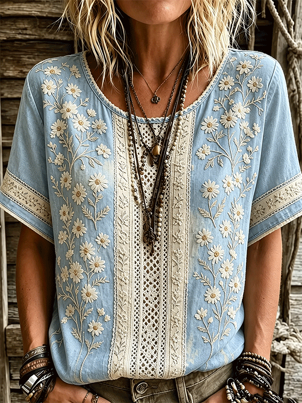 Women's Floral Patchwork Design Round Neck Short-sleeved Top