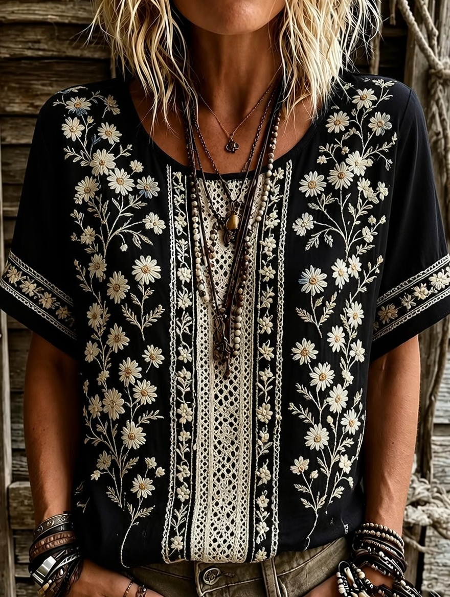 Women's Floral Patchwork Design Round Neck Short-sleeved Top