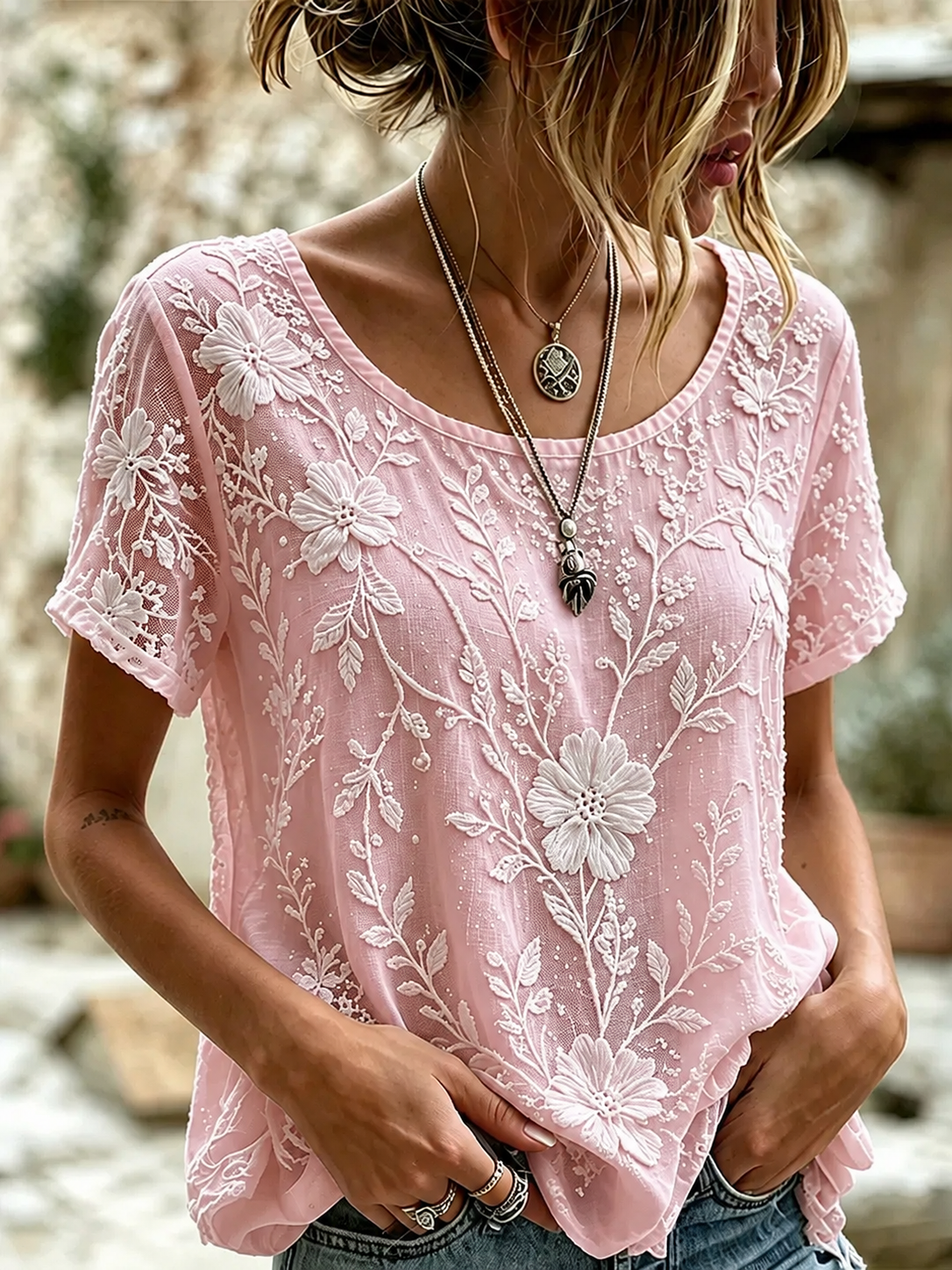 Women's White Rose Art Embroidered Linen Blend Tops