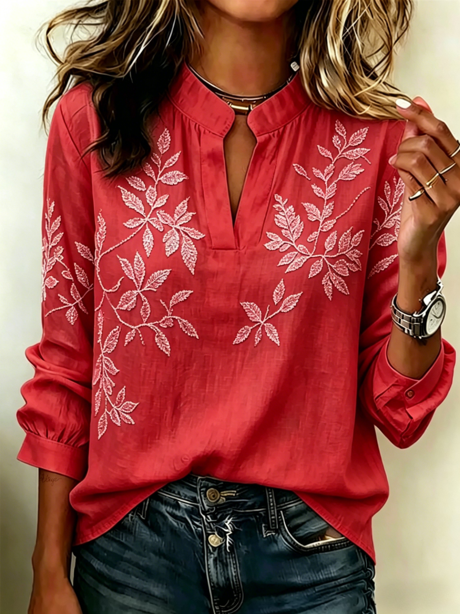 Women's retro printed casual V-neck shirt