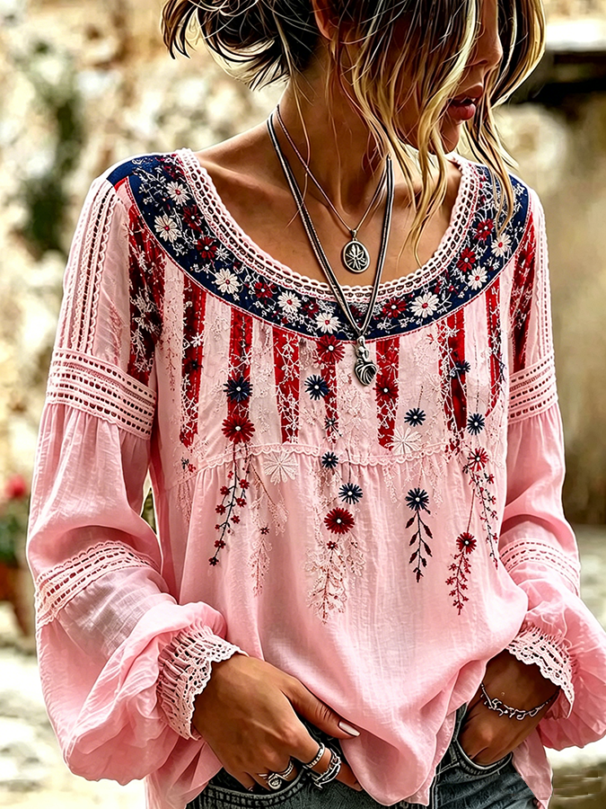 Women's Vintage American Flag Floral Art Cotton-Linen Shirt