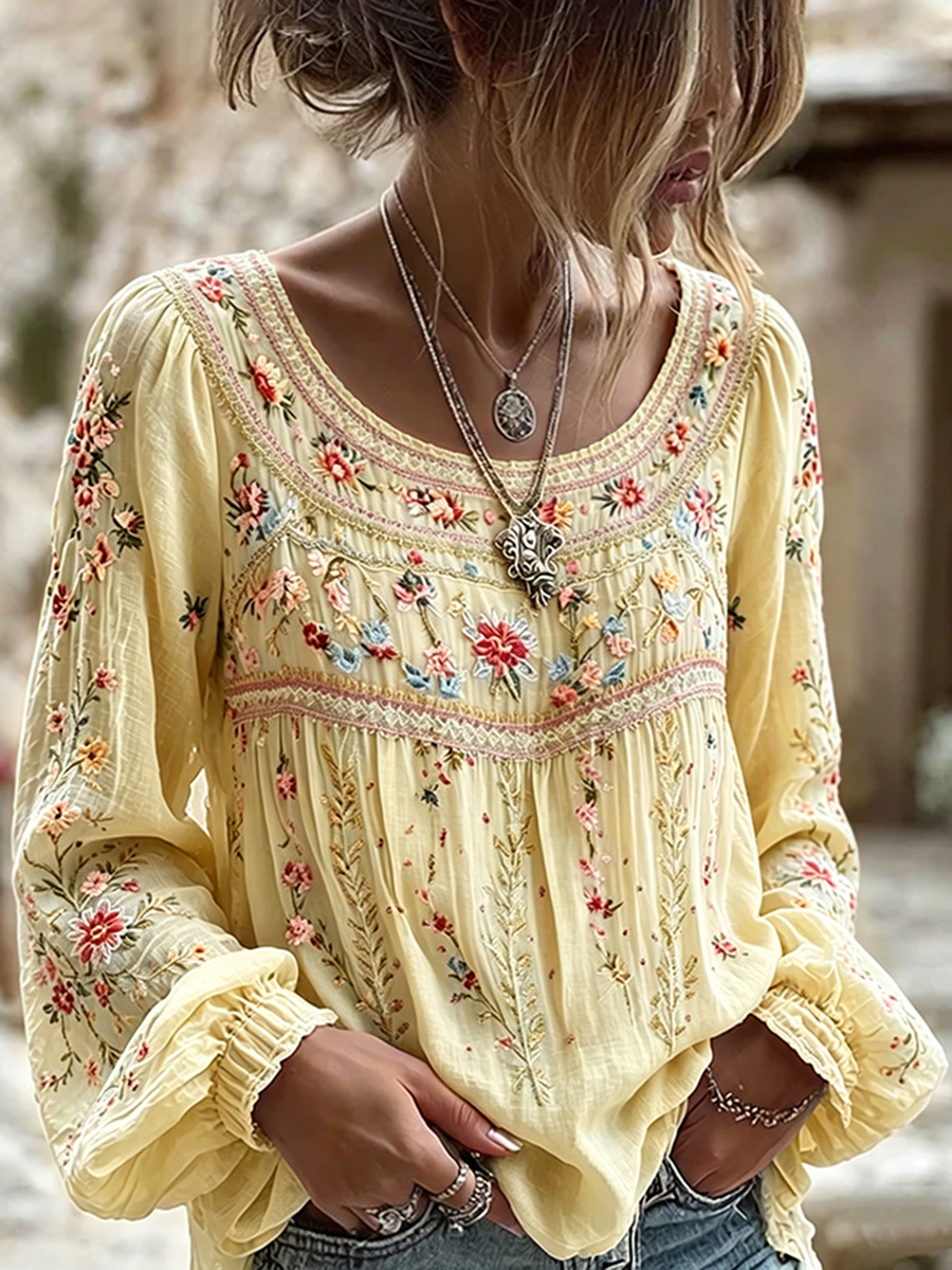 Women's Floral Embroidered Long Sleeve Peplum Blouse