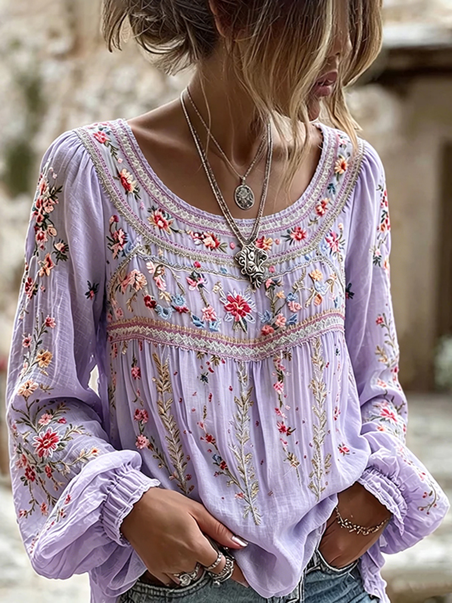 Women's Floral Embroidered Long Sleeve Peplum Blouse