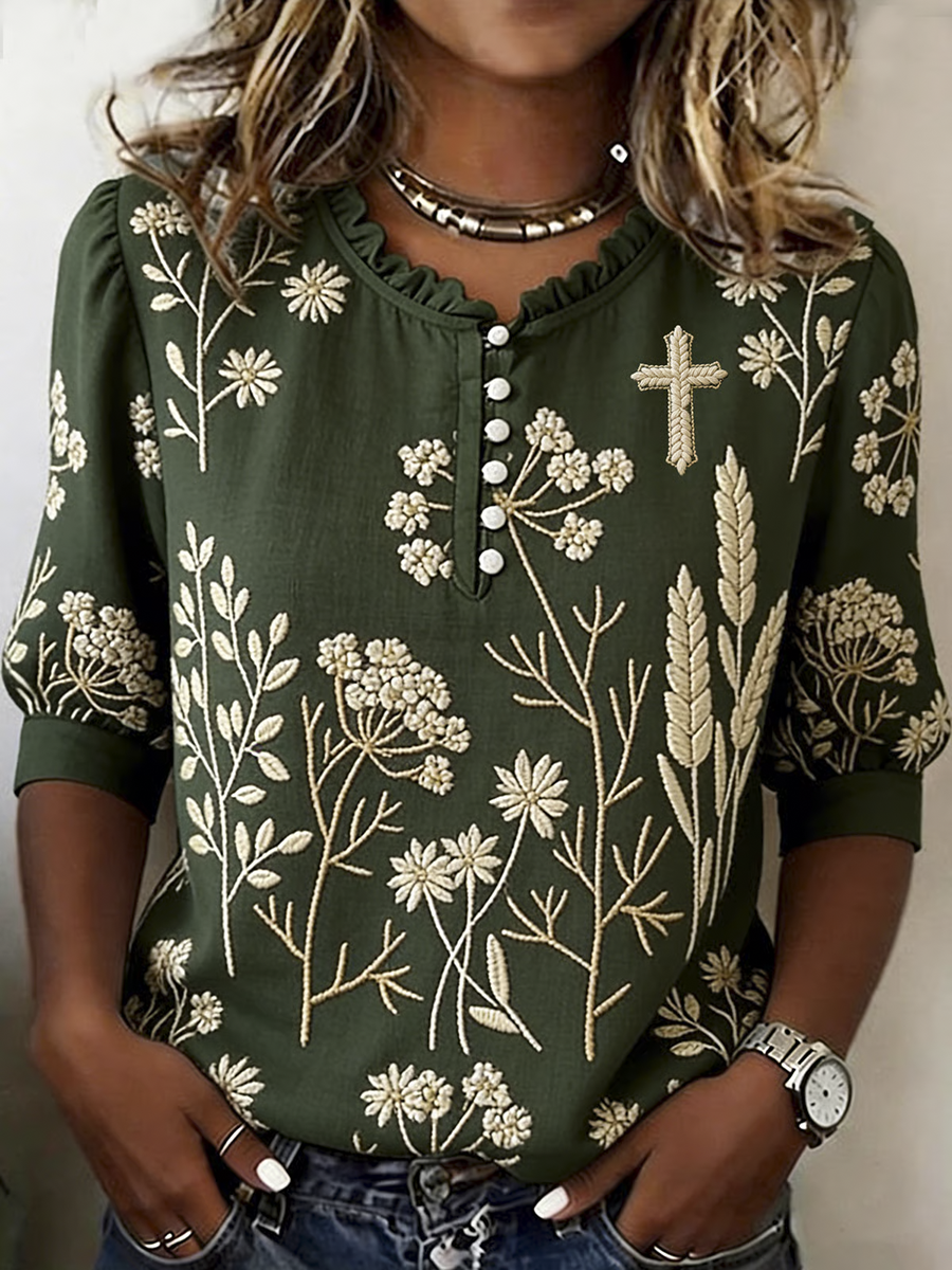 Ladies' Leisure Flower Faith Cross Lace Button Neck T-shirt