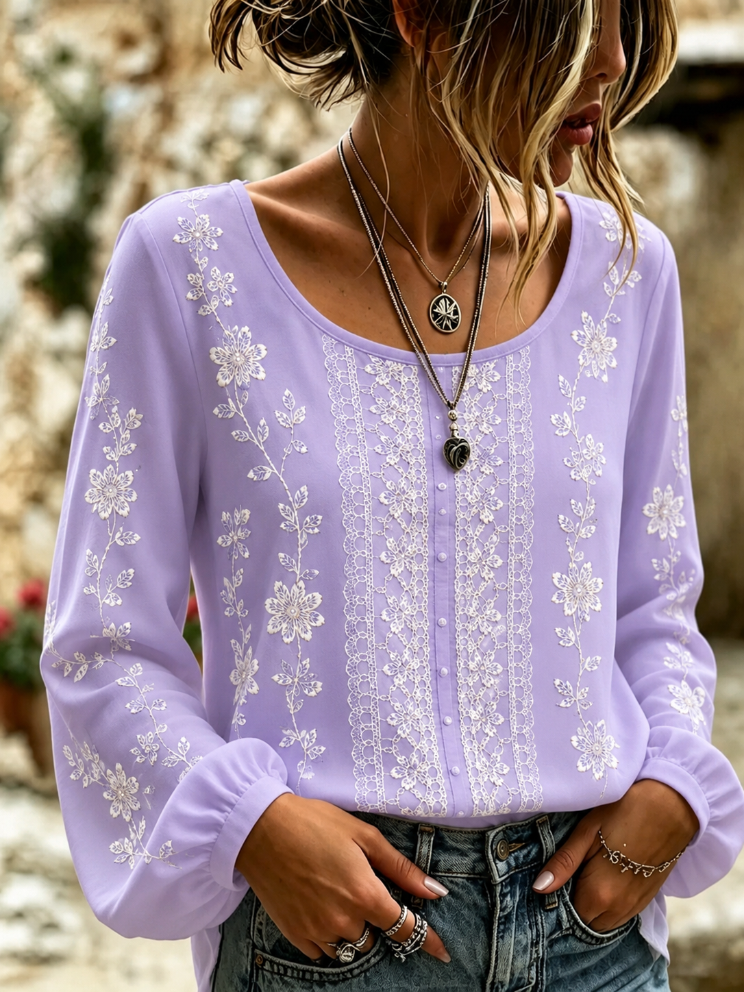 Women's Multi-Color Floral Art Round Neck Long Sleeved Linen Blend Top