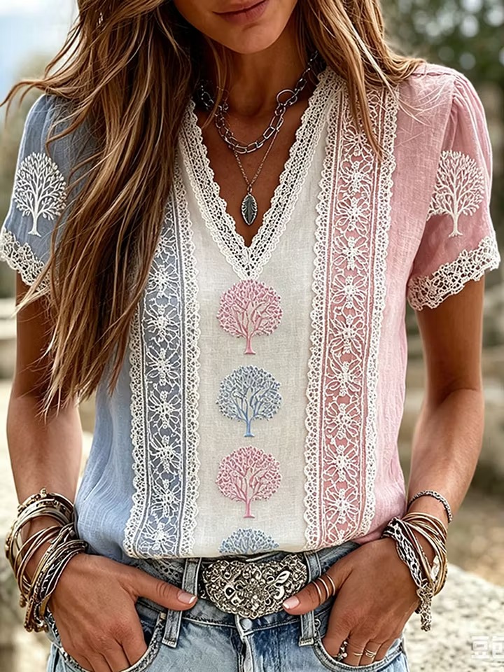 Women's Romantic Tree Of Life Color Block Art Flowy Casual T-shirt
