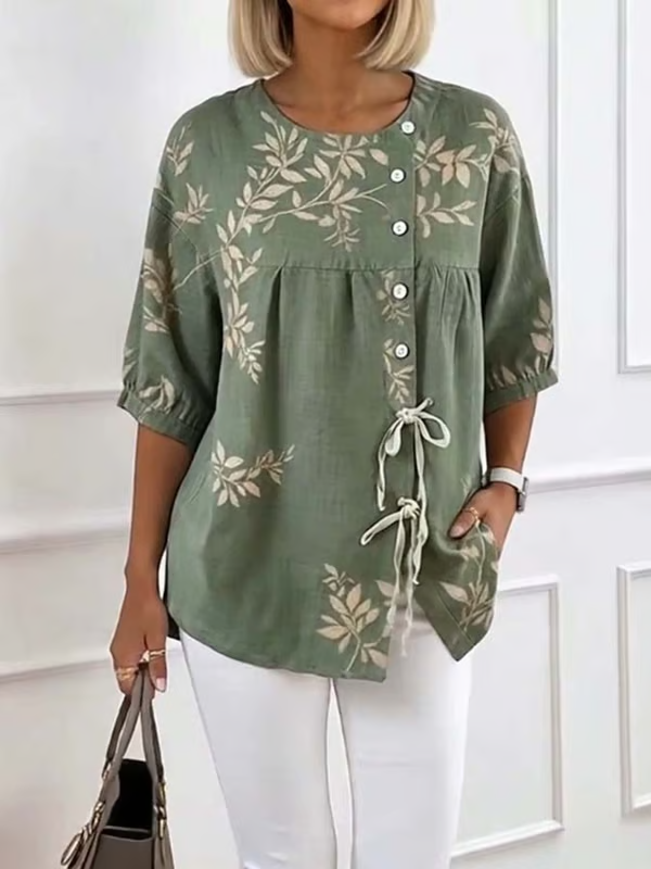 Women'S Casual Floral Print Cotton Linen Top