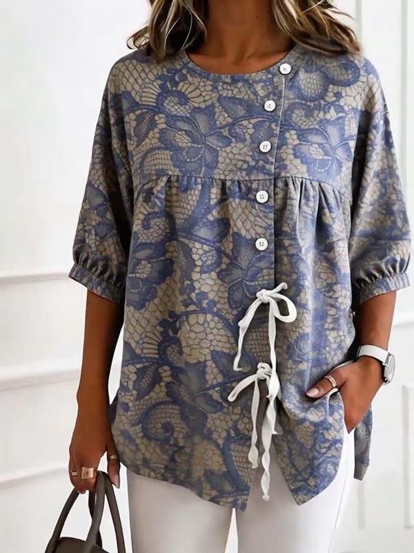 Women'S Casual Floral Print Cotton Linen Top