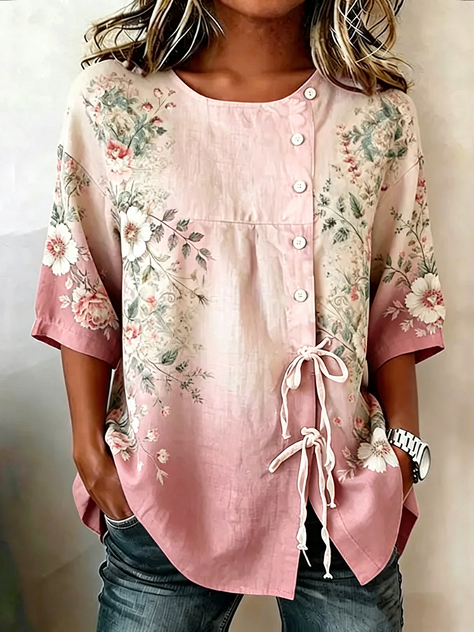 Women's casual floral cotton linen short sleeved shirt