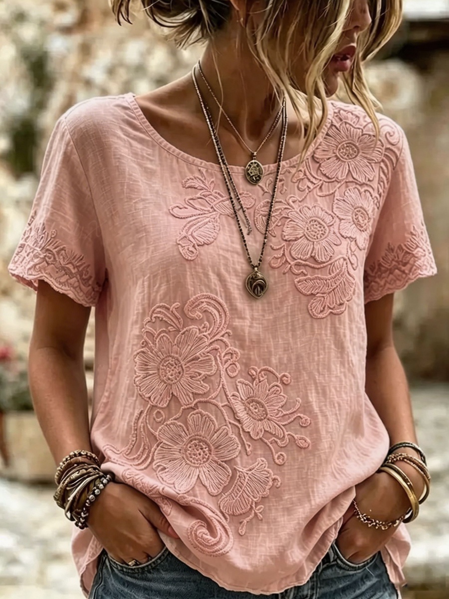 Women's White Floral Print Short Sleeve Shirt