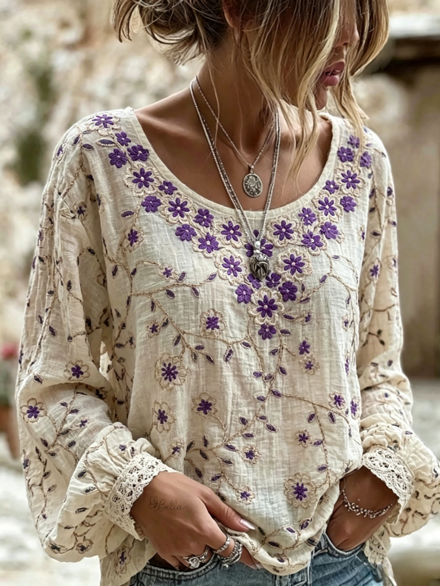 Women's Retro Floral Art Print Long Sleeve T-shirt
