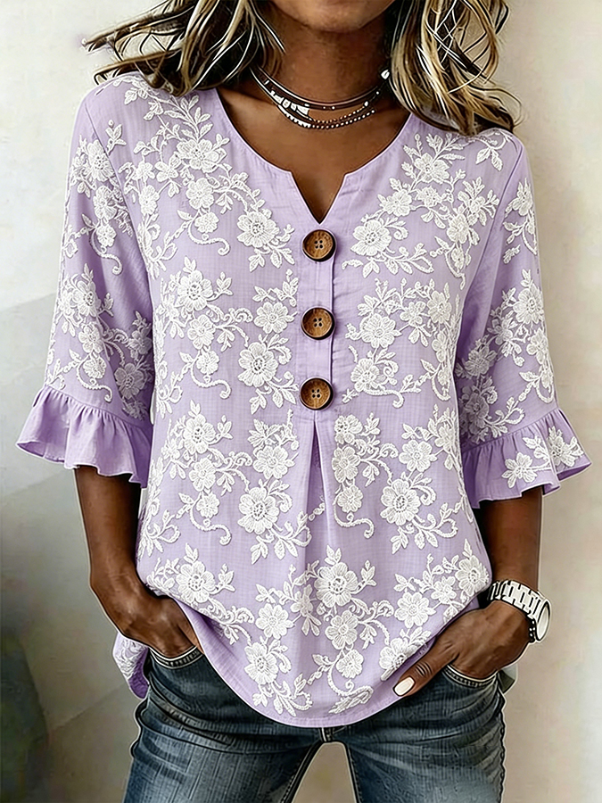 Women's Casual Retro Floral Cotton Linen Shirt