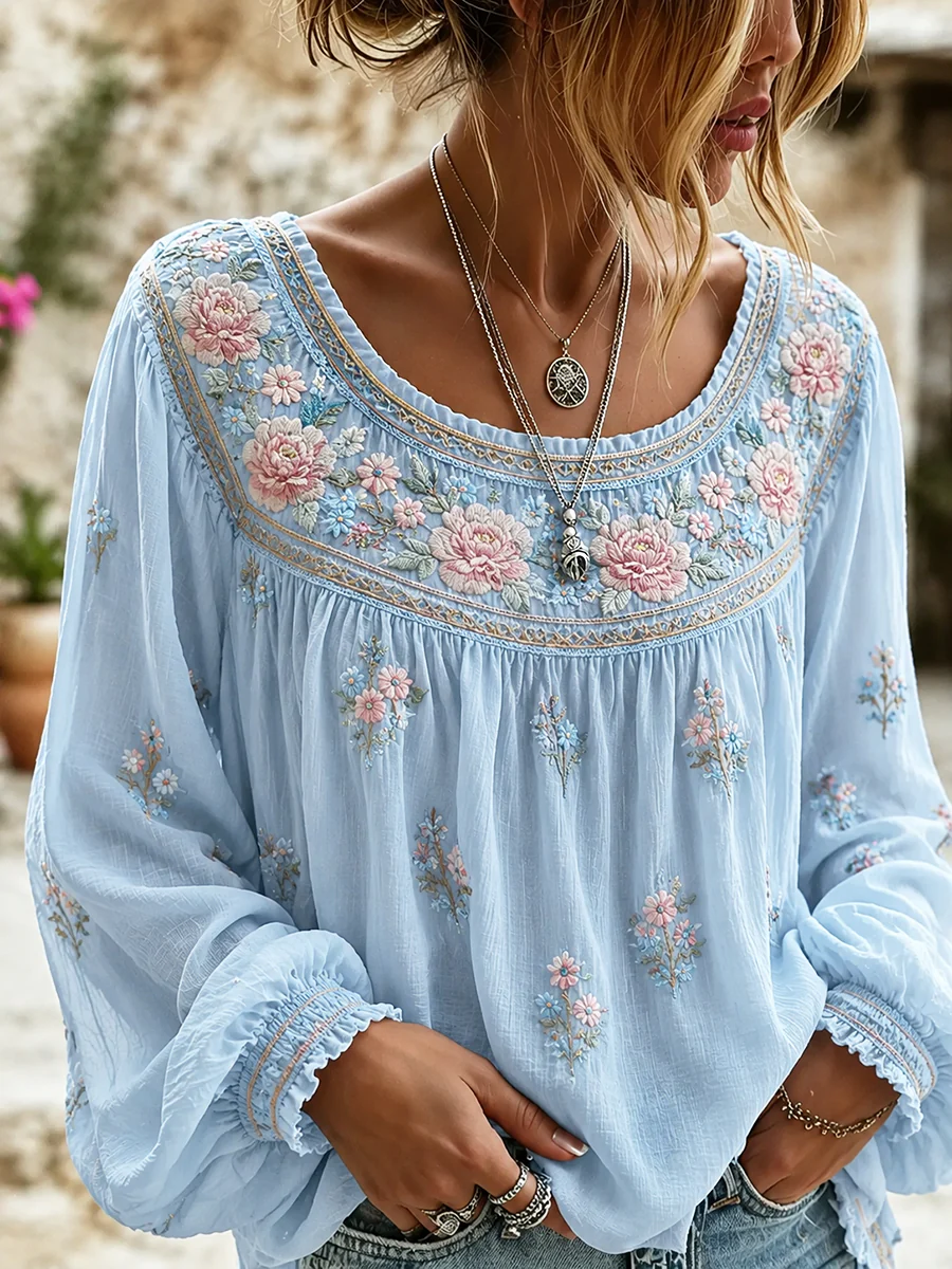 Women'S Floral Printed Casual Cotton And Linen Top