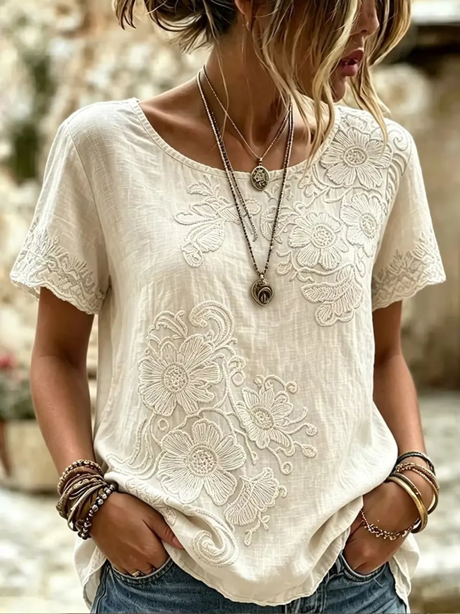Women's White Floral Print Short Sleeve Shirt