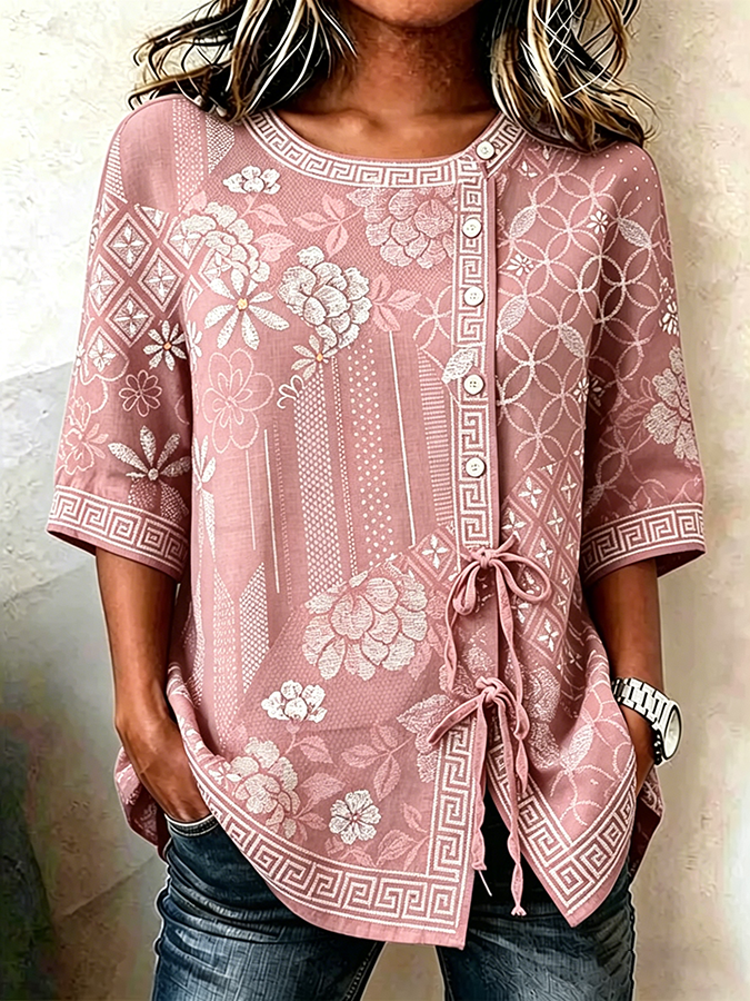 Women'S Casual Printed Cotton Linen Short Sleeved Shirt