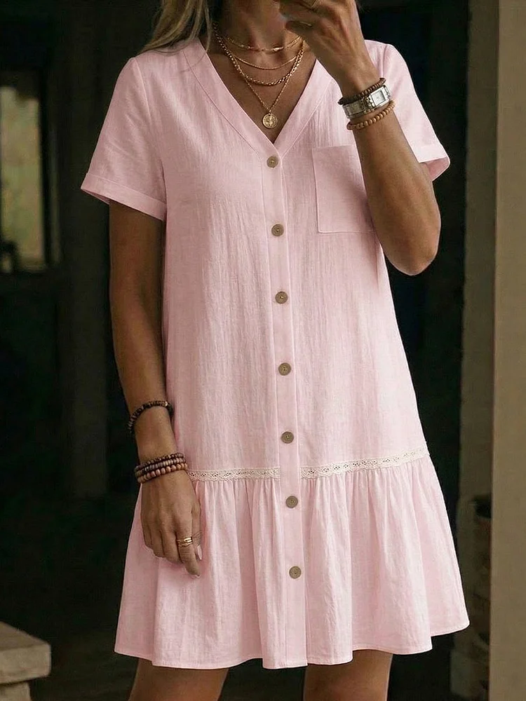 Ladies' Casual Daily Cotton And Linen V-Neck Buttoned Jumpsuit Half Skirt