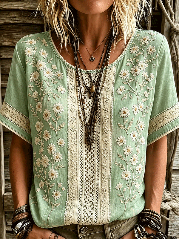 Women's Floral Patchwork Design Round Neck Short-sleeved Top