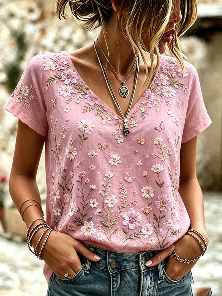 Women'S Plant Flower Pattern Printed Casual Cotton And Hemp T-Shirt