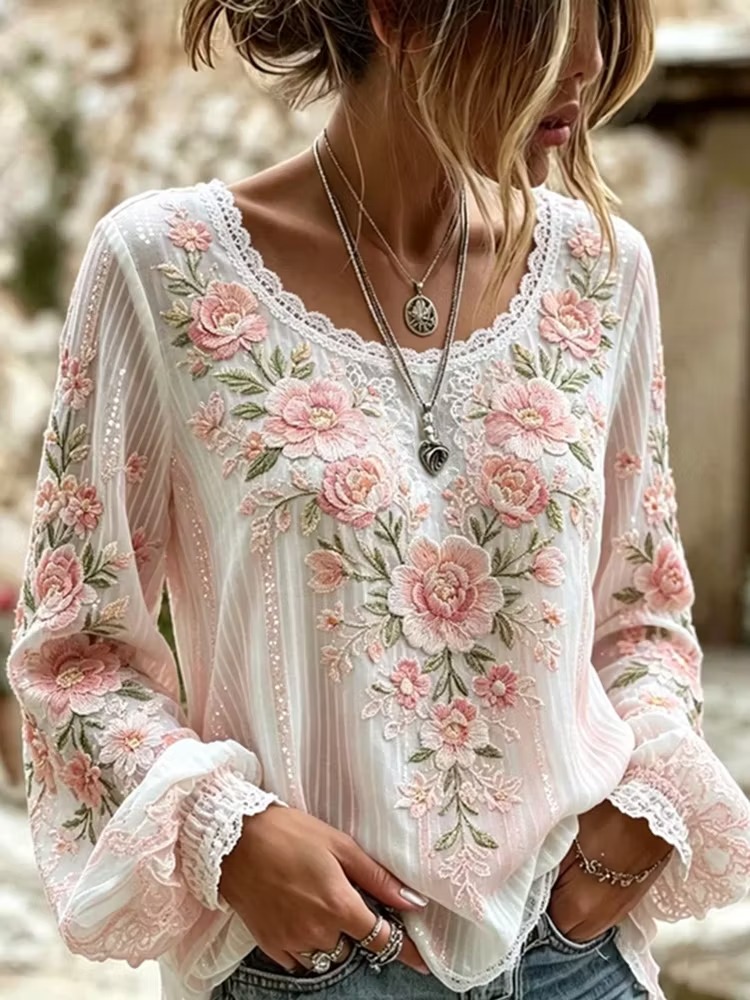 Women's Pink Flower Art Linen Blended Comfortable Short Sleeve Top