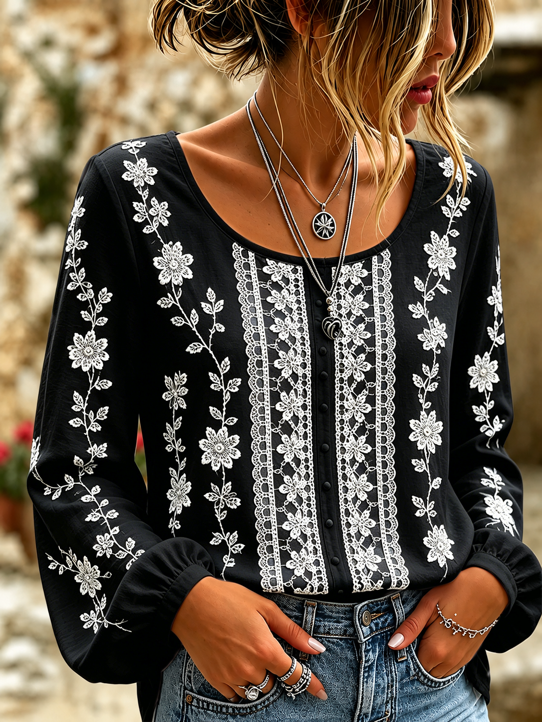 Women's Multi-Color Floral Art Round Neck Long Sleeved Linen Blend Top