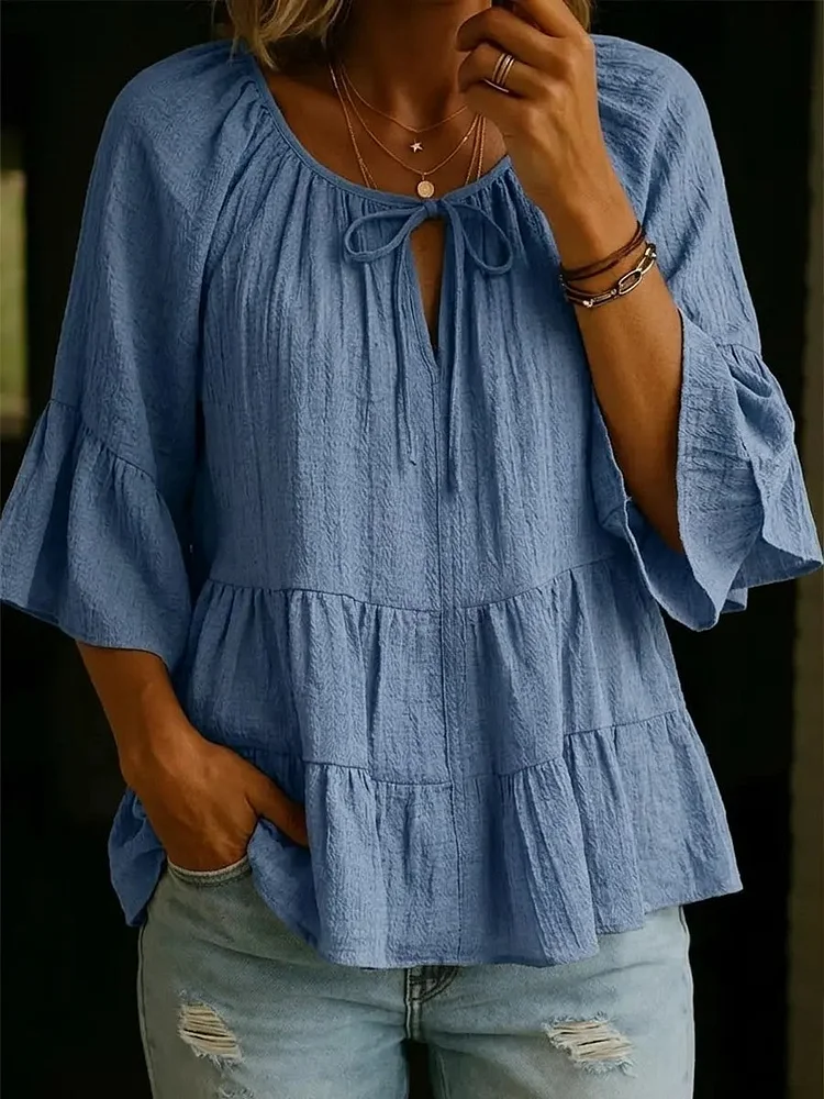 Ladies' Casual Daily Cotton And Linen Tied Rope Spliced Ruffled Half Sleeved Shirt