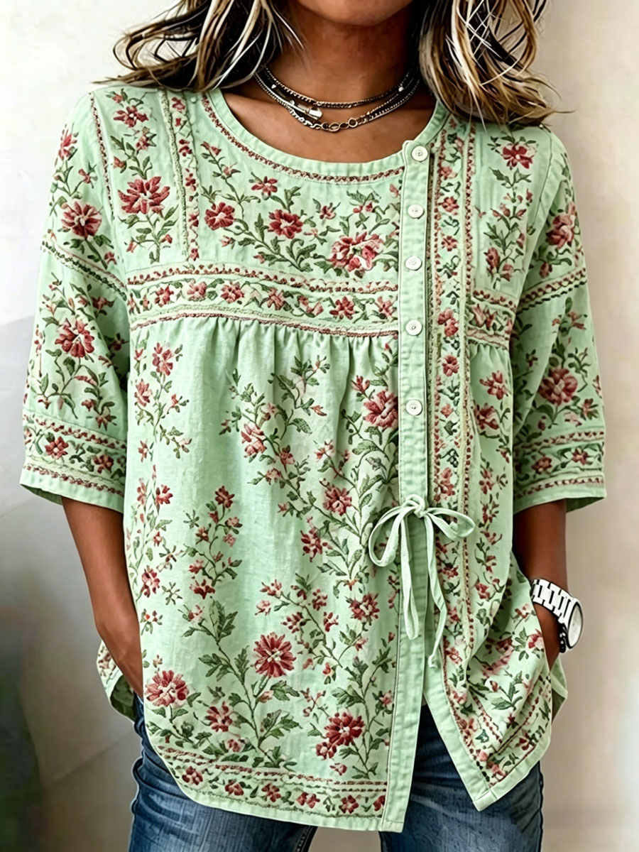 Women'S Casual Print Cotton Linen Print Top