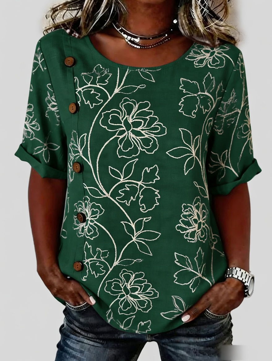 Women'S Button Design Casual Floral Art Short Sleeved Shirt