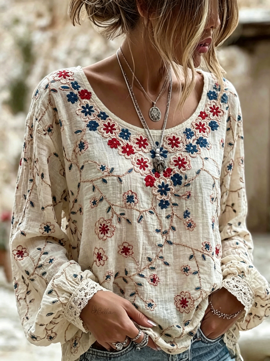 Women's Retro Floral Art Print Long Sleeve T-shirt