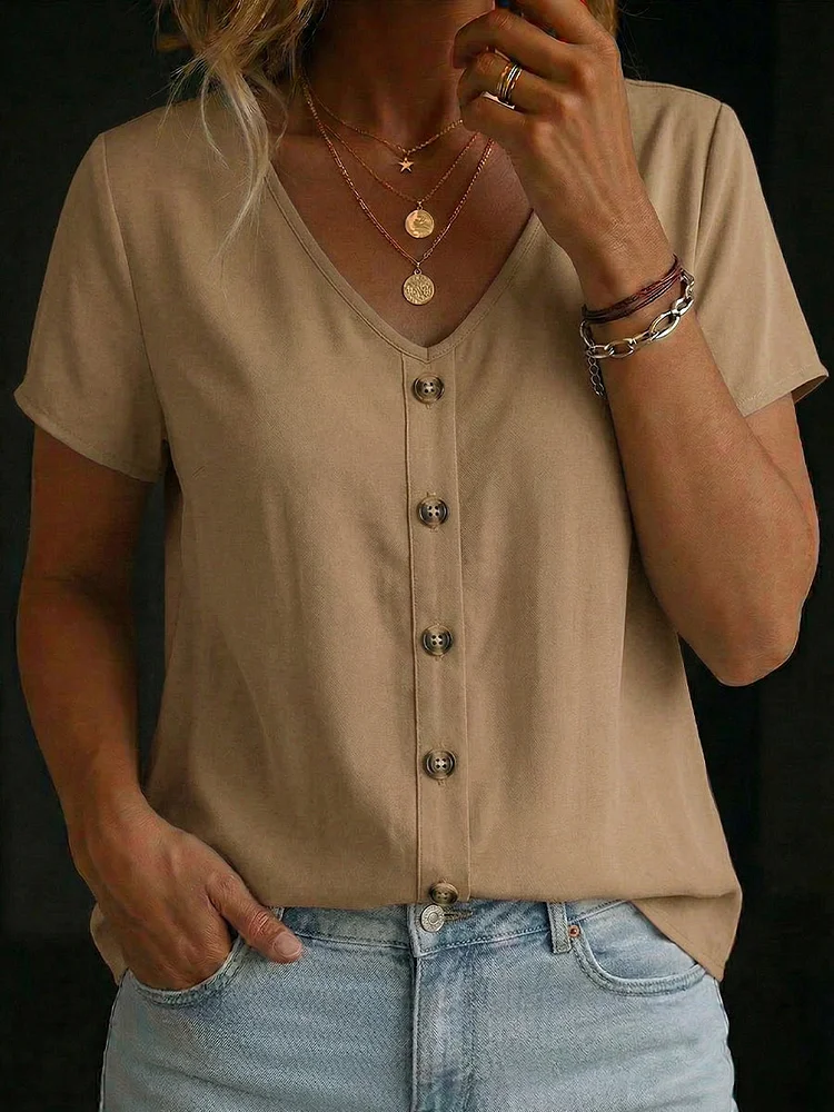 Ladies' Casual Daily Cotton And Linen V-Neck Short Sleeved Button Up Cardigan
