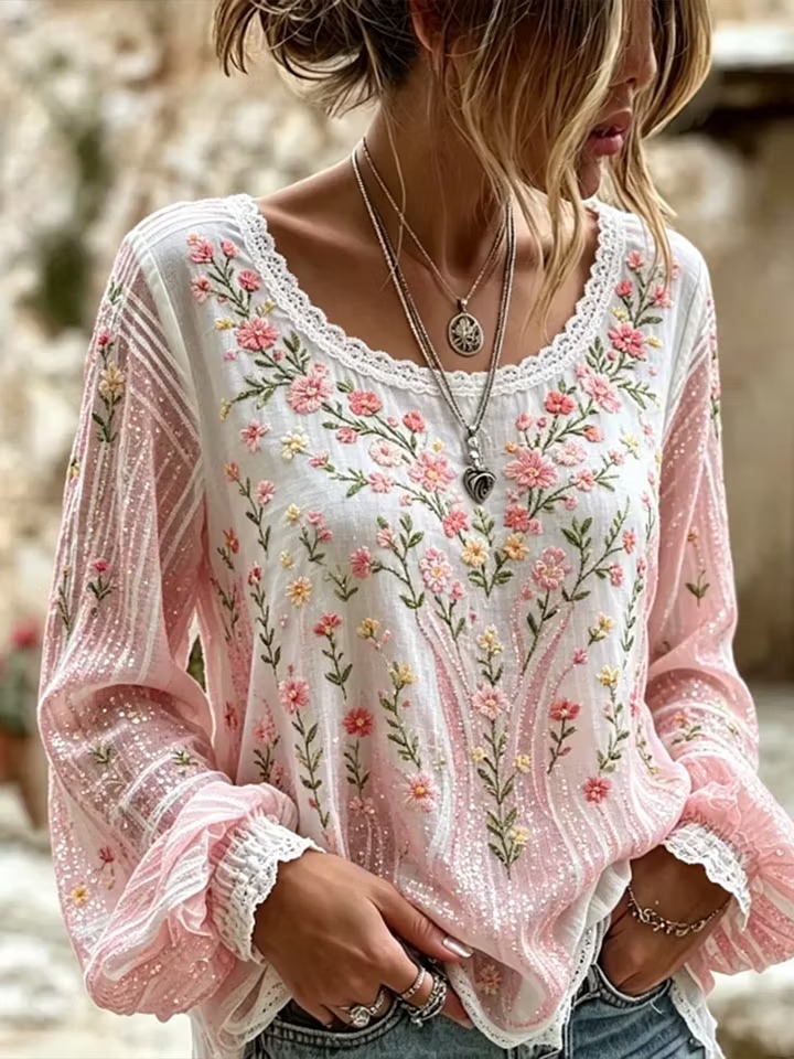 Women's Pink Floral Sequin Art Round Neck Long Sleeved T-Shirt