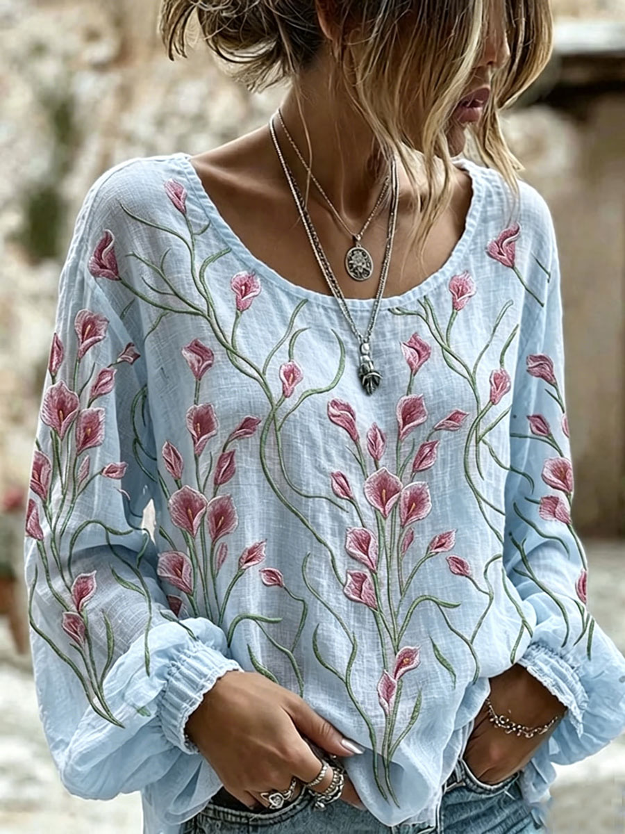Women's cotton and linen printed top