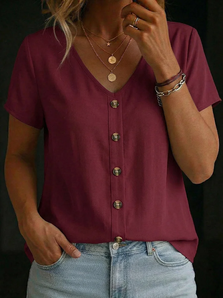 Ladies' Casual Daily Cotton And Linen V-Neck Short Sleeved Button Up Cardigan
