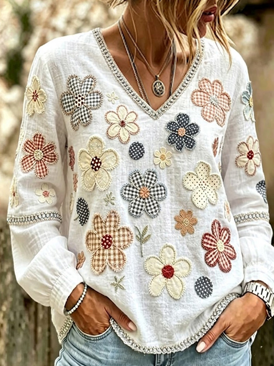 Women's Floral Cotton Linen Top
