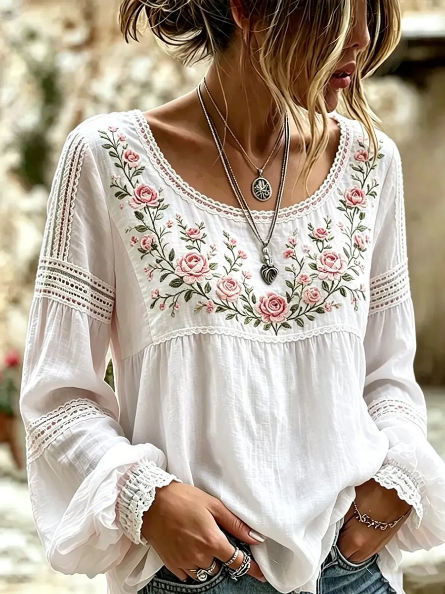 Women's floral fresh round neck top