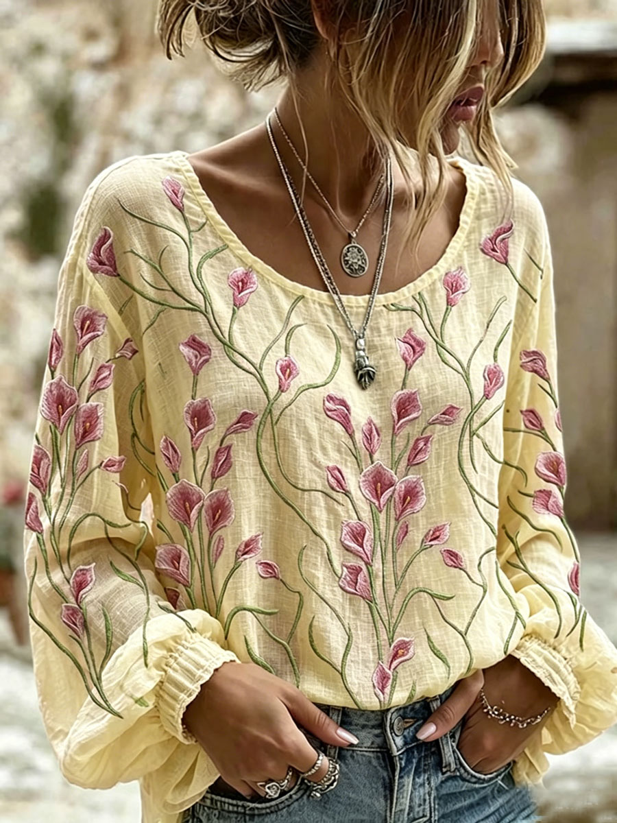 Women's cotton and linen printed top