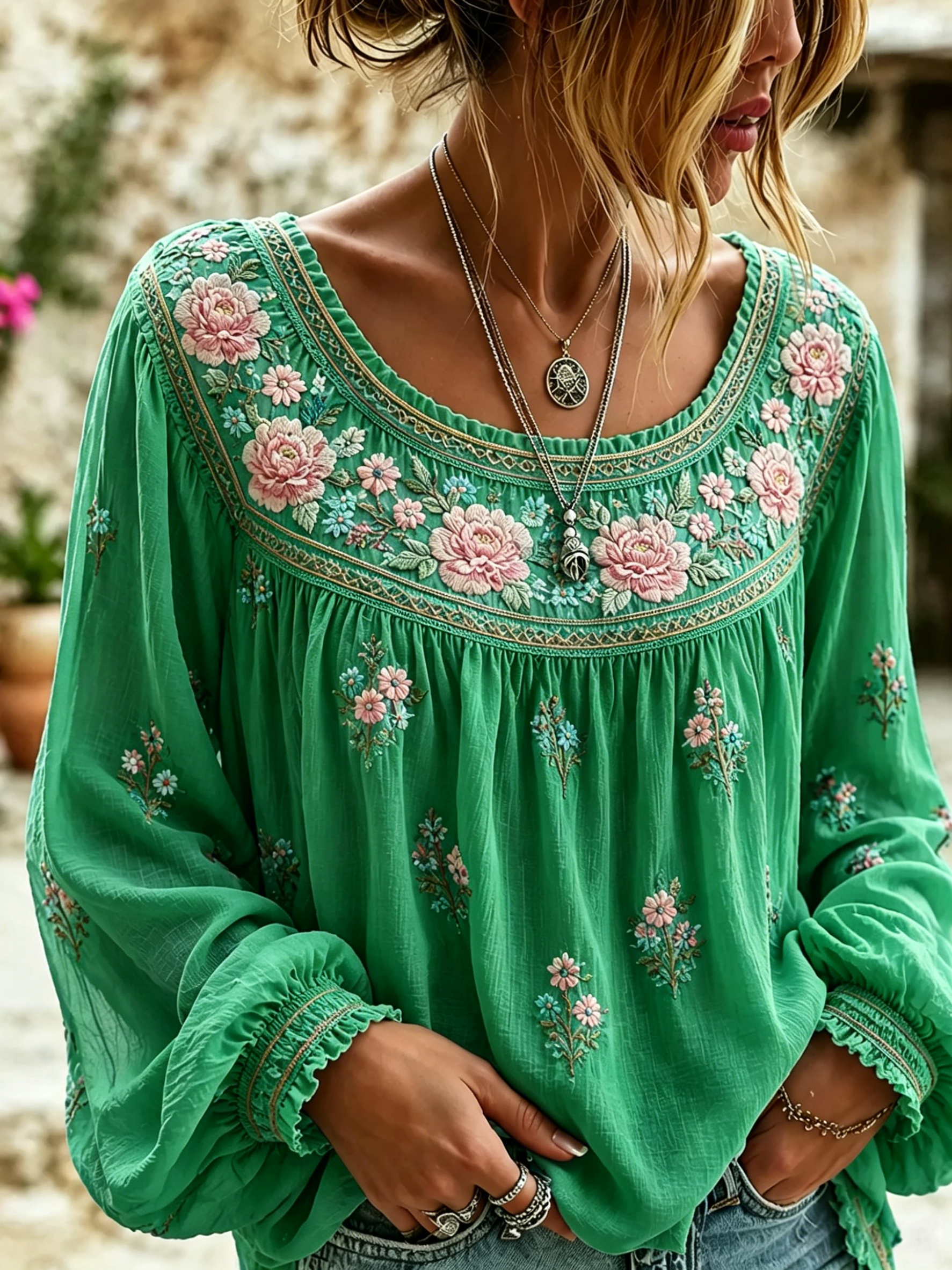 Women'S Floral Printed Casual Cotton And Linen Top