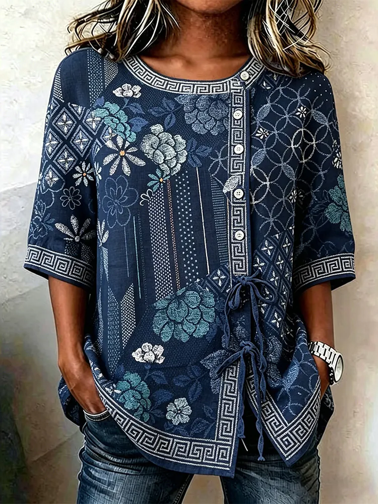 Women'S Casual Printed Cotton Linen Short Sleeved Shirt