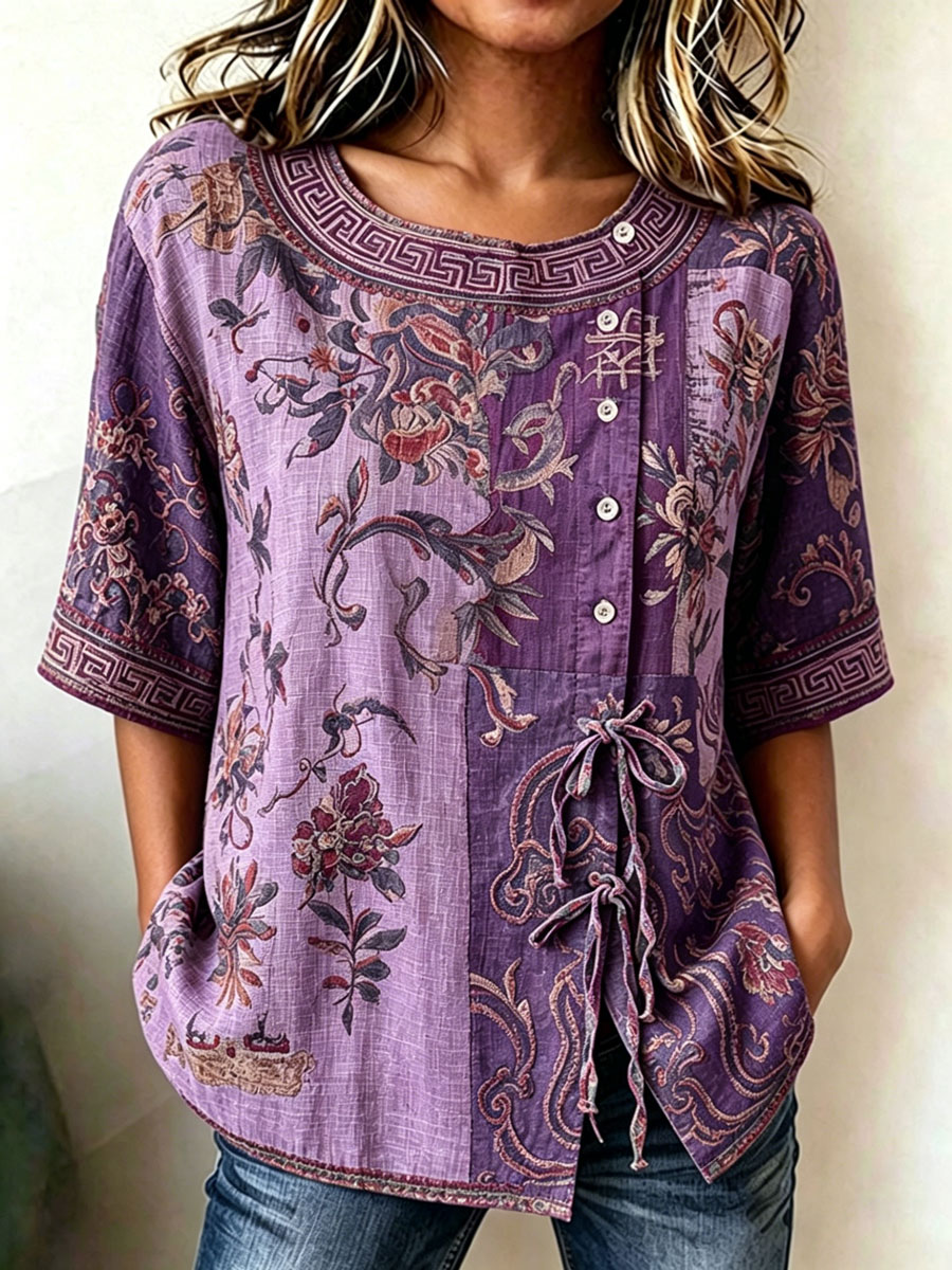 Women'S Casual Print Cotton Linen Top