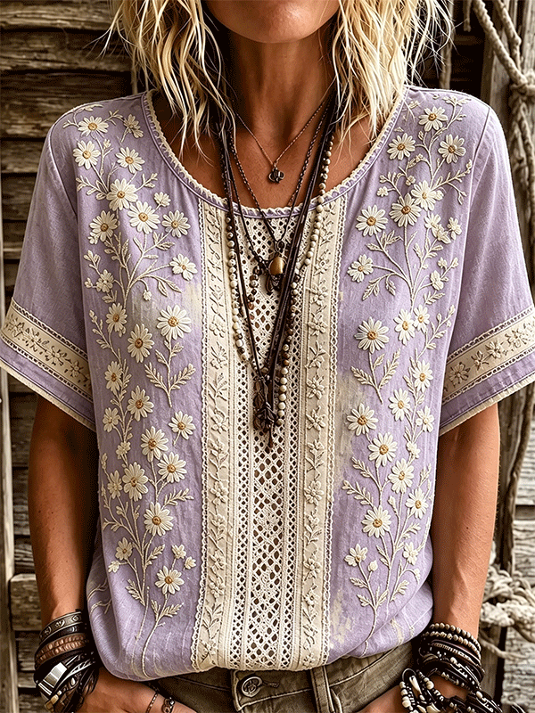 Women's Floral Patchwork Design Round Neck Short-sleeved Top