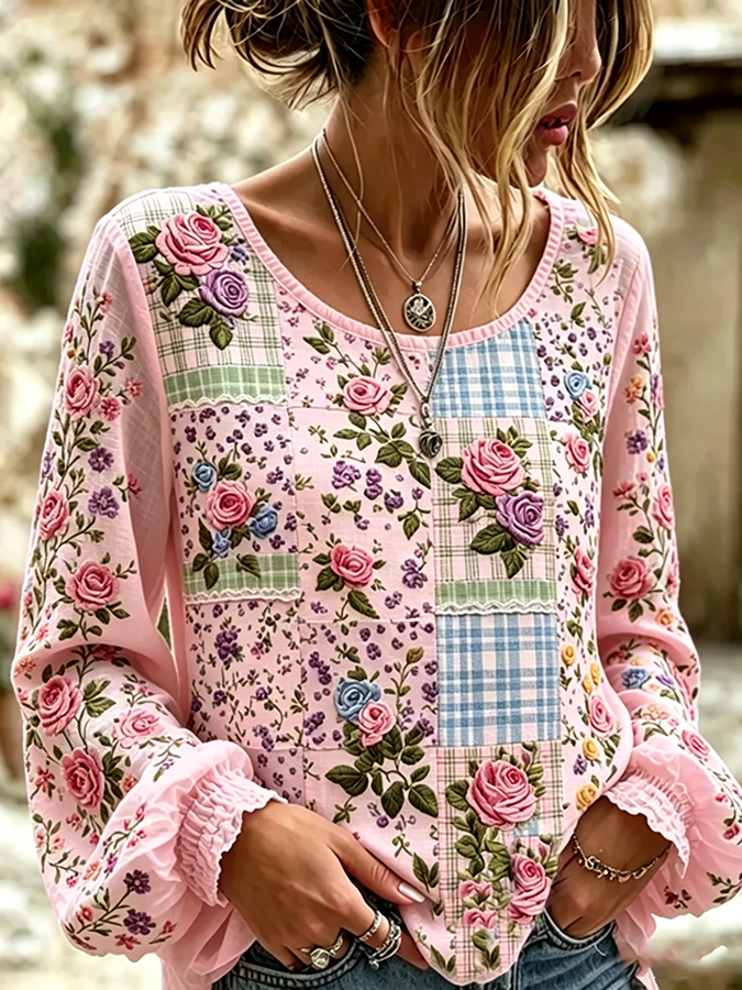 Women's floral fresh round neck top