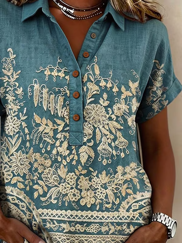 Women'S Plant Flower Printed Cotton And Linen Top