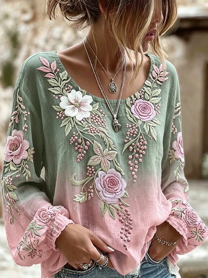 Women's floral fresh round neck top