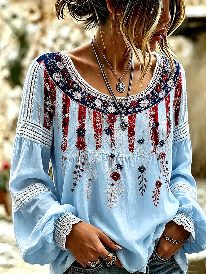 Women's Vintage American Flag Floral Art Cotton-Linen Shirt