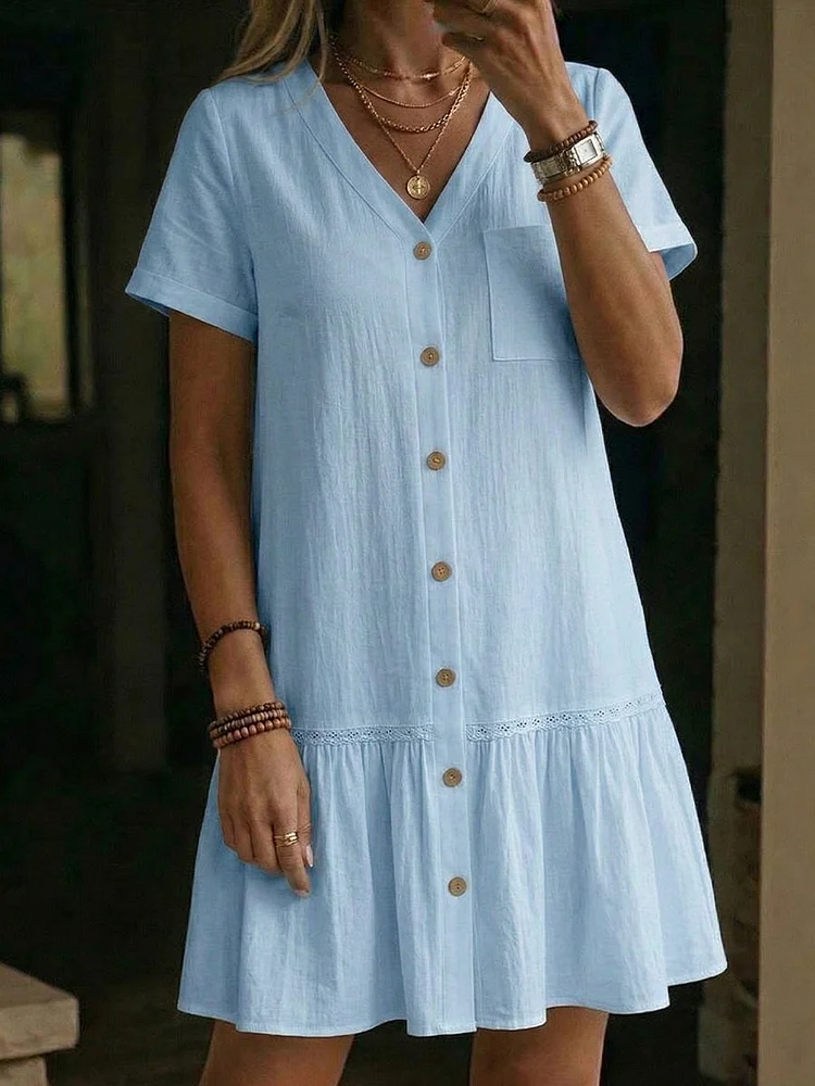Ladies' Casual Daily Cotton And Linen V-Neck Buttoned Jumpsuit Half Skirt