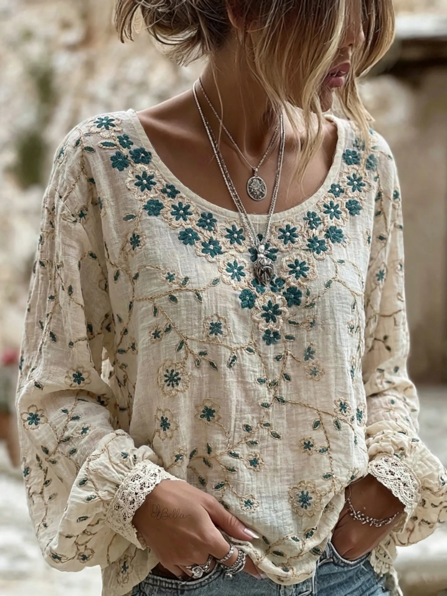 Women's Retro Floral Art Print Long Sleeve T-shirt